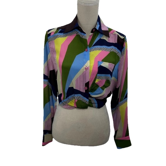 LE SUPERBE Interrupted Pattern Sunset Tower Tuck Silk Blouse Women’s Sz 0 - Picture 2 of 11